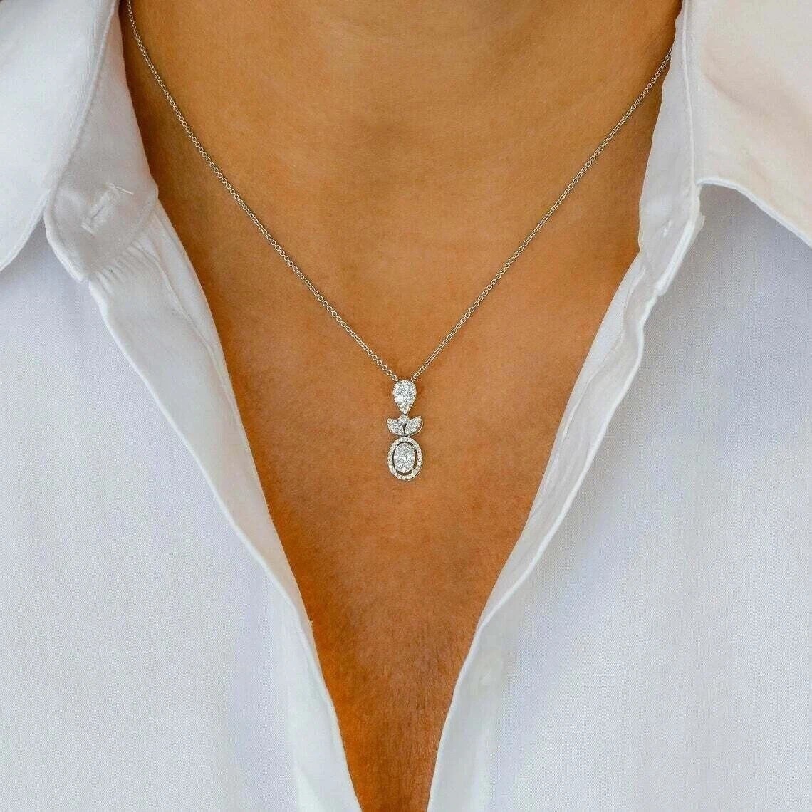 2Ct Cluster Created Diamonds Dainty Pendant 14K White Gold Finish Chain Necklace
