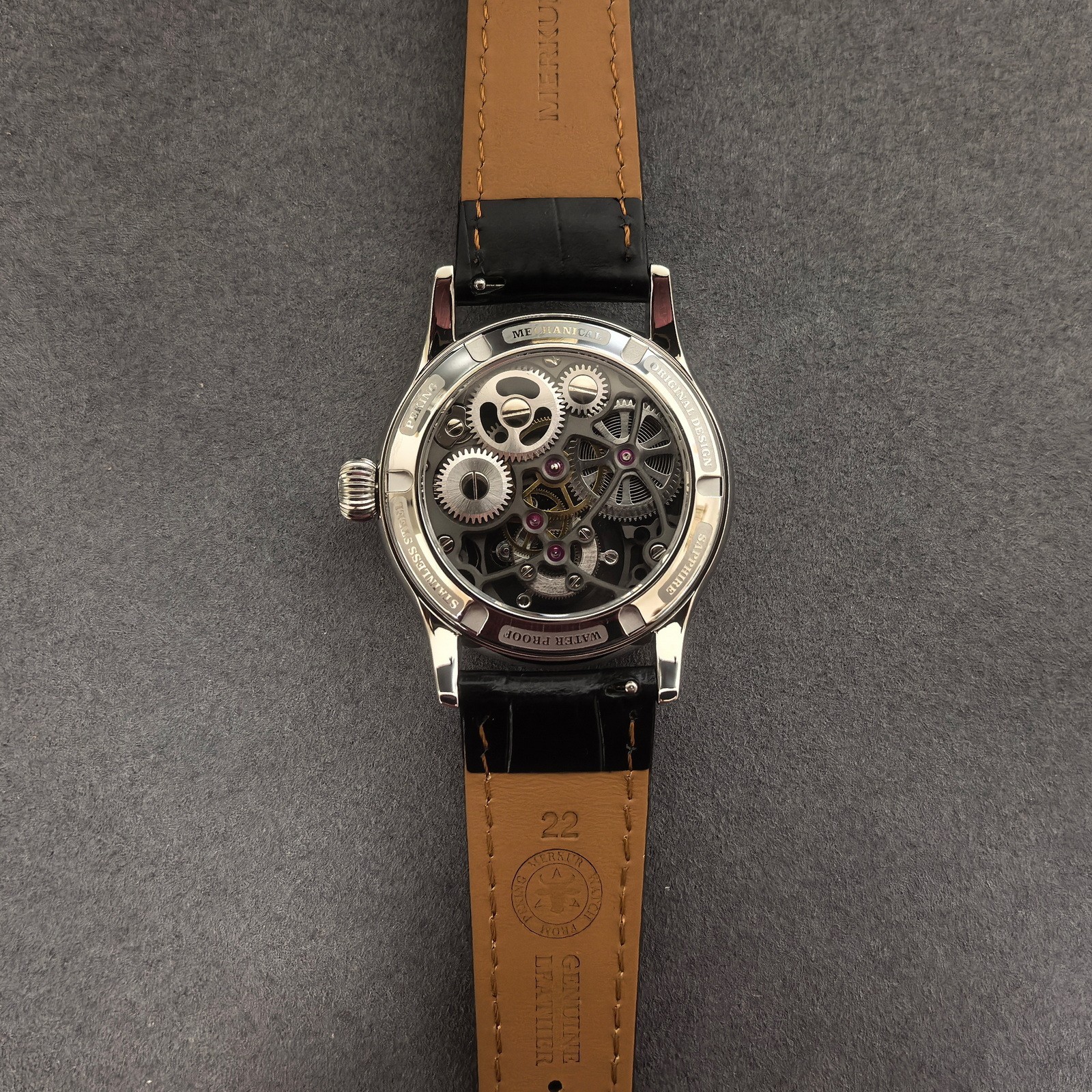 Merkur Men Tourbillon Watch Mechanical Wristwatch Sapphire Skeleton Carved Dial