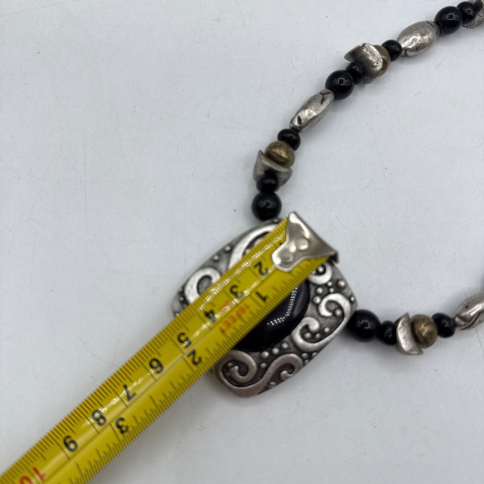 Chico’s Statement Necklace Black Silver Gold Scroll Pendant Boho Tribal Artisan