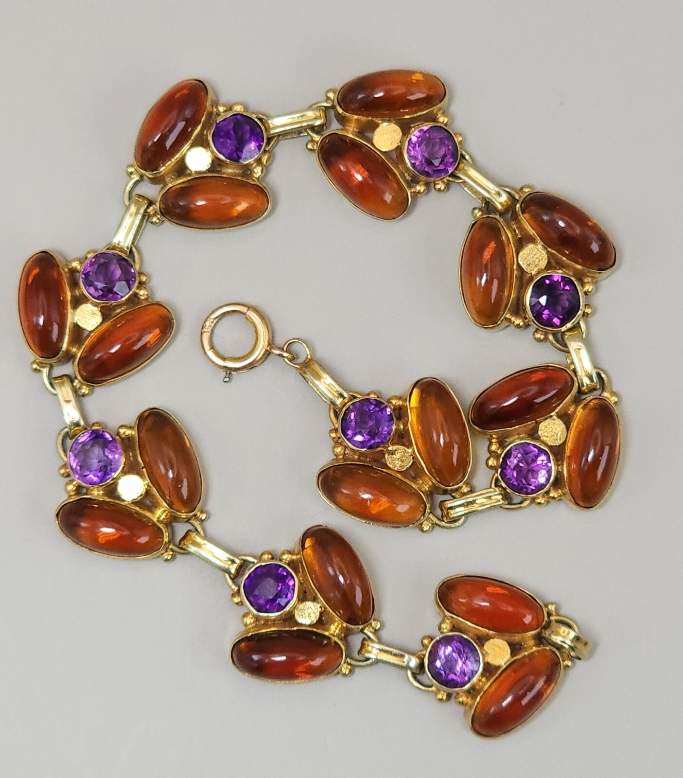 Antique 14k Yellow Gold Natural Amethyst & Amber Handmade Bracelet Leaf 7″ 15g