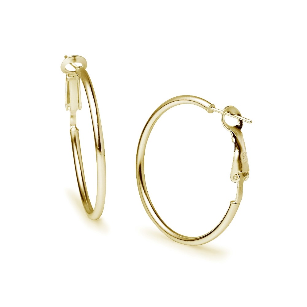 Round Clutchless 2x35mm Hoop Earrings in Polished Yellow Gold Plated 925 Silver