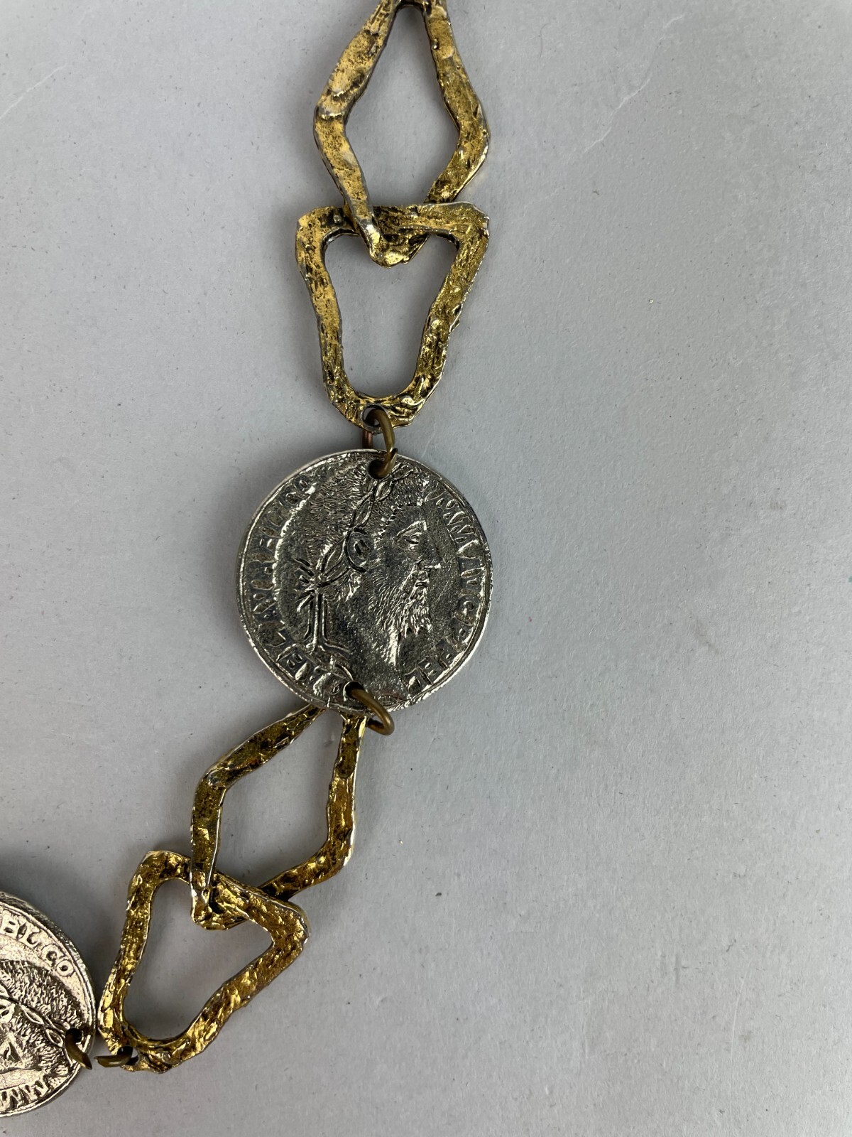 Vintage 1970’s Silver & gold tone Faux Roman Coins Long Rope style Necklace 18″