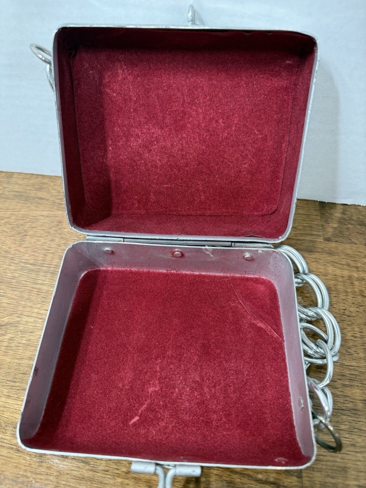 Silver Aluminum Rectangular Jewelry Box, Hinged Lined Interior, Chain Handle