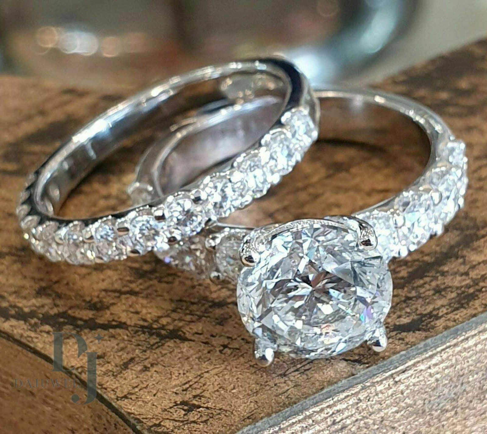 Moissanite Bridal Set Engagement Ring 2.70 Carat Round Cut Solid 14K White Gold