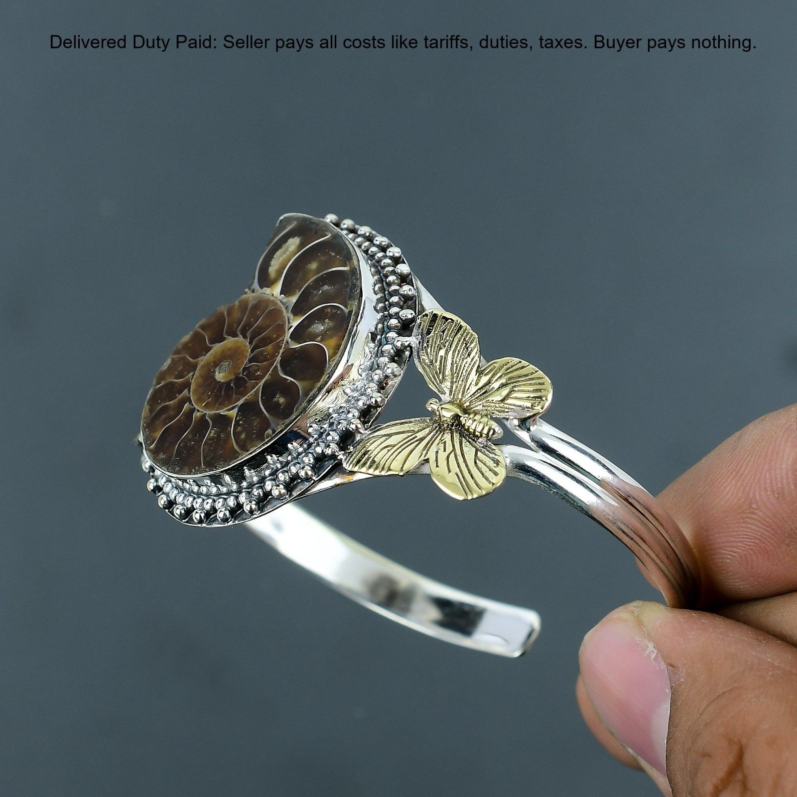 Christmas Deal Ammonite Fossil Gemstone Bezel Bangle Jewelry 925 Sterling Silver