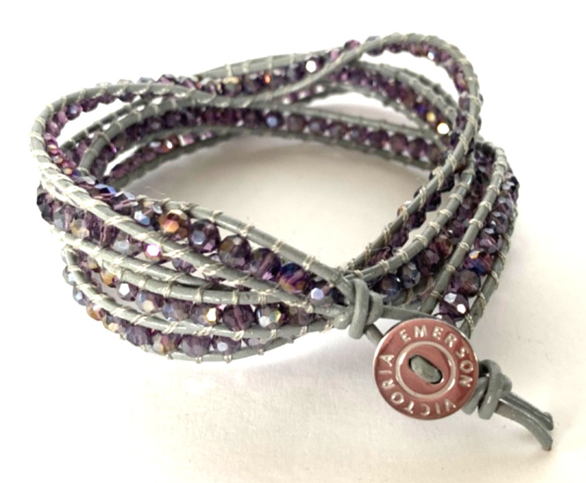 VICTORIA EMERSON Purple AB Crystal Gray Leather Wrap Boho Bracelet
