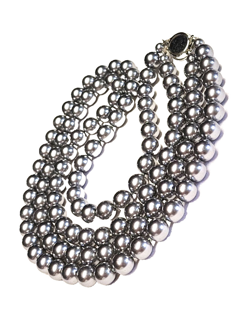 Vintage Silver Gray Long Faux Glass Pearl Necklace Pretty Push Lock Clasp 22”