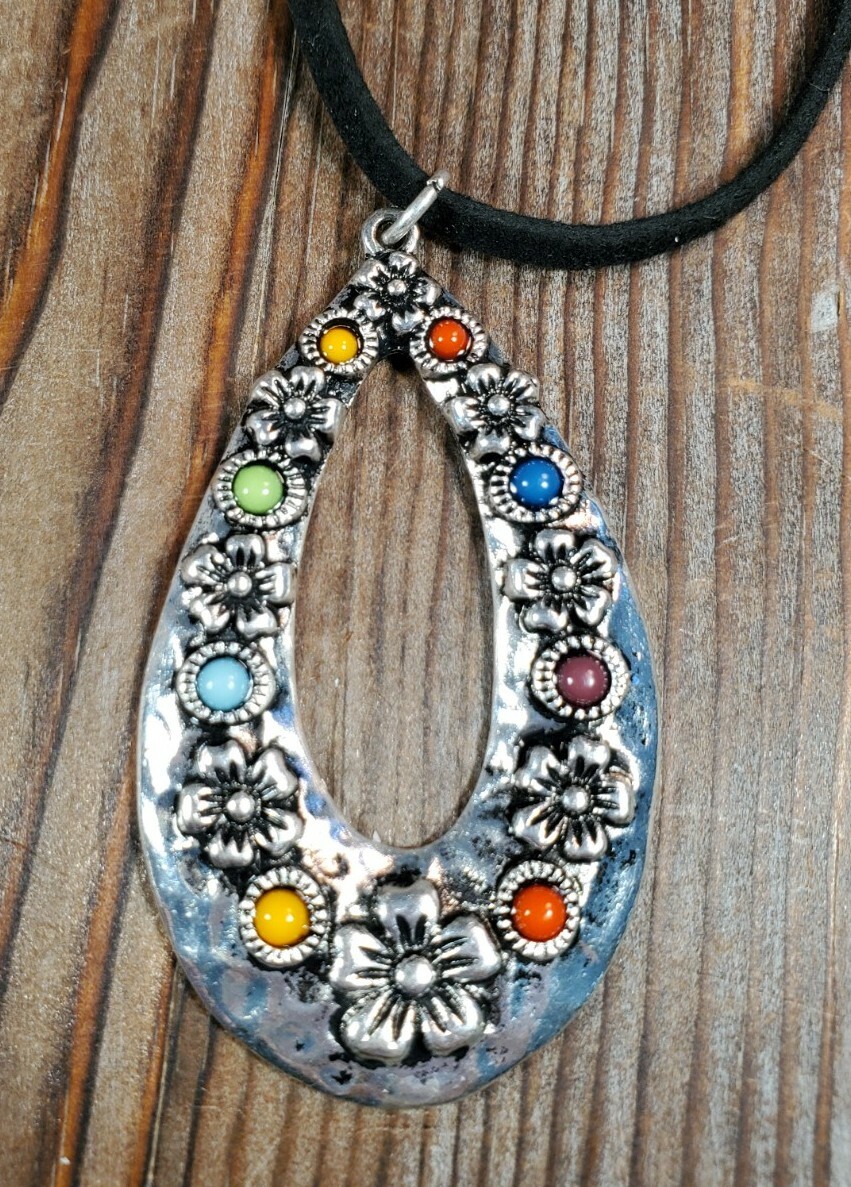 Multi color Silver Teardrop Pendant Necklace Black Suede Chakra Flowers 18-20″