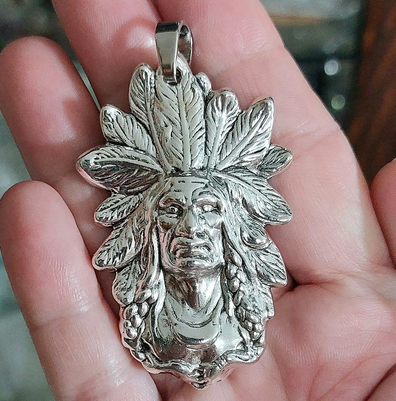 Large silver chief indian native tribal Necklace Pendant
