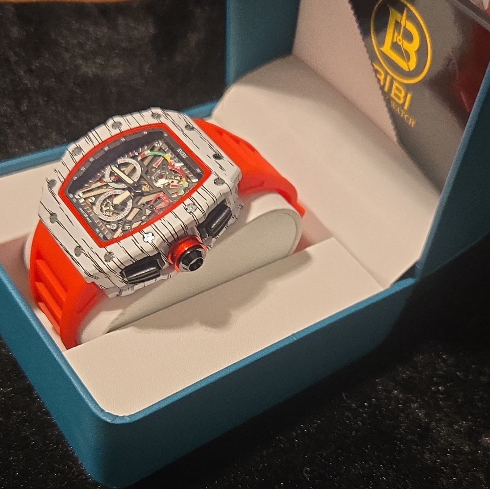 BIBI Watch Tonneau Skeleton Dial Automatic 42mm Orange Rubber Strap 120m