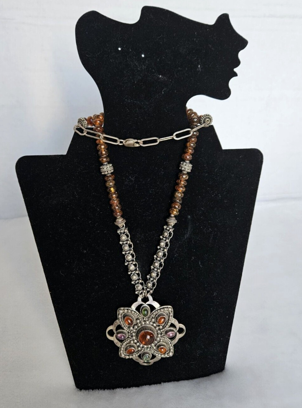 Vintage 925 Solid Sterling Silver Multicolor Amber Large Pendant Necklace