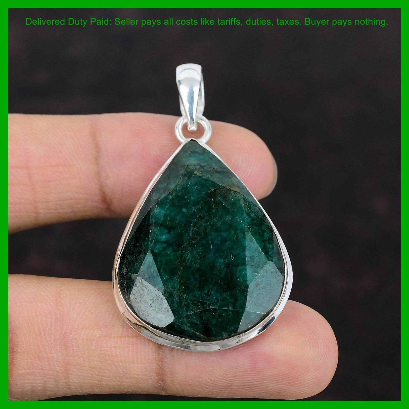 Valentines Sale 925 Sterling Silver Pear Zambian Emrald Stone Bezel New Pendant