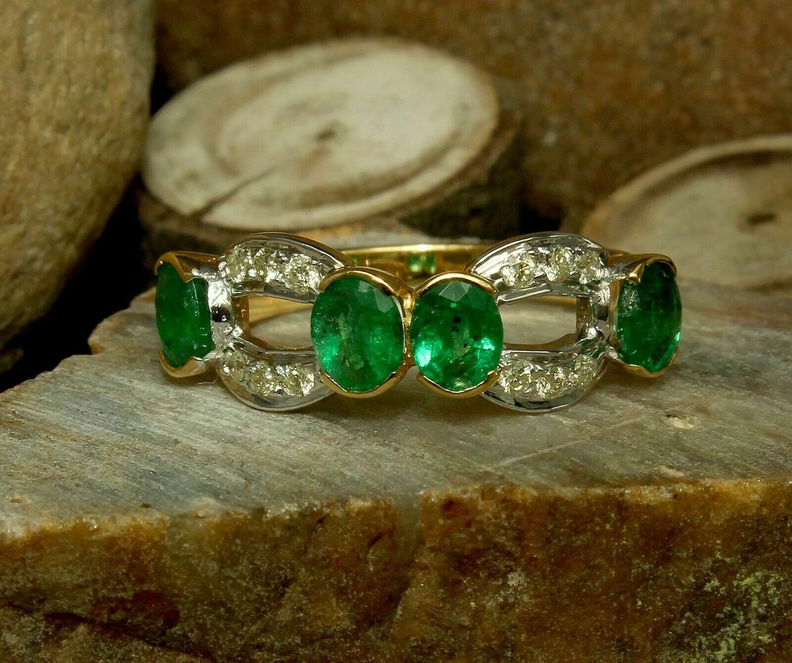 Green Simulated Emerald & Diamond 14K Yellow Gold Finish Women Engagement Ring