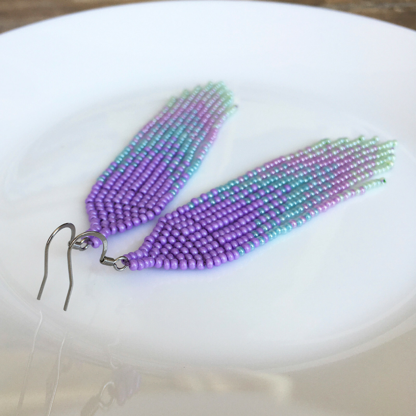 Lavender blue gradient seed bead earrings, Lilac waterfall beaded earrings