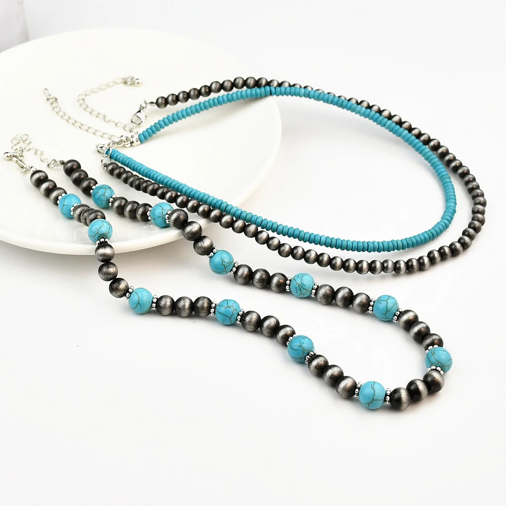3Pcs Pearl Turquoise Beaded Necklace Set Boho Vintage Choker Women Jewelry