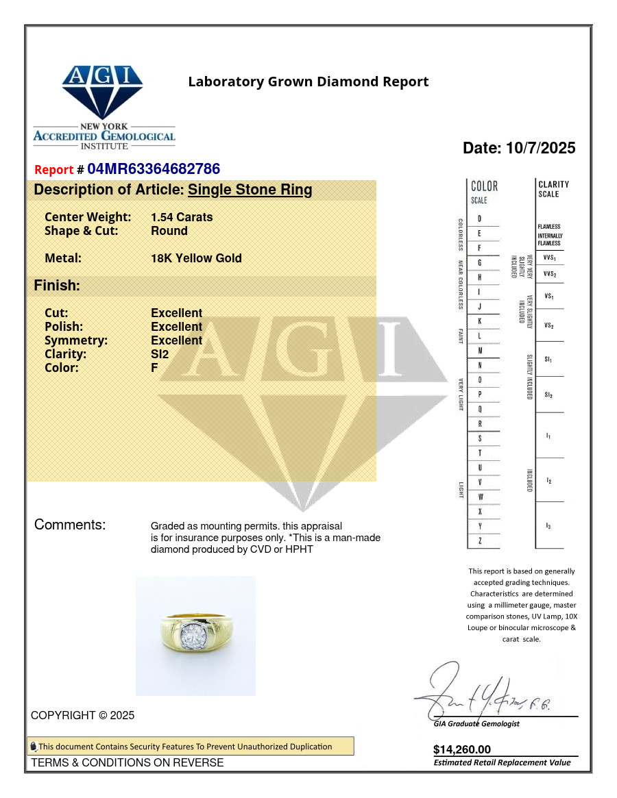 Solitaire Mens Ring Solid 18K Yellow Gold 1.54 CT Round Lab-Grown Diamond F SI2