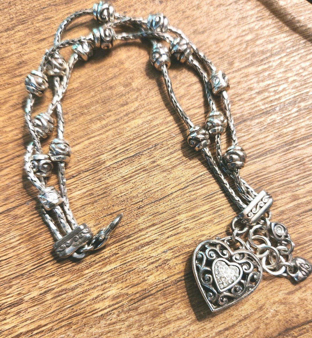 Brighton Reno Heart Silver Crystal Charm Bracelet-7-8” Adjustable W/Fabric Pouch