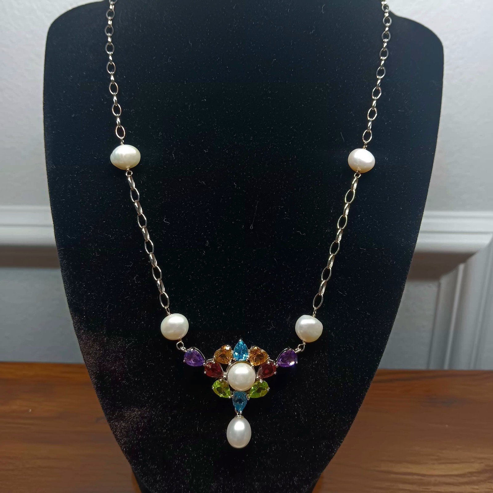 18-20″ Ross Simons Sterling Silver Multi Gemstone & Pearl Chain Station Necklace