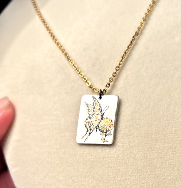 Vtg REED & BARTON Damascene Square Monarch BUTTERFLY PENDANT Necklace
