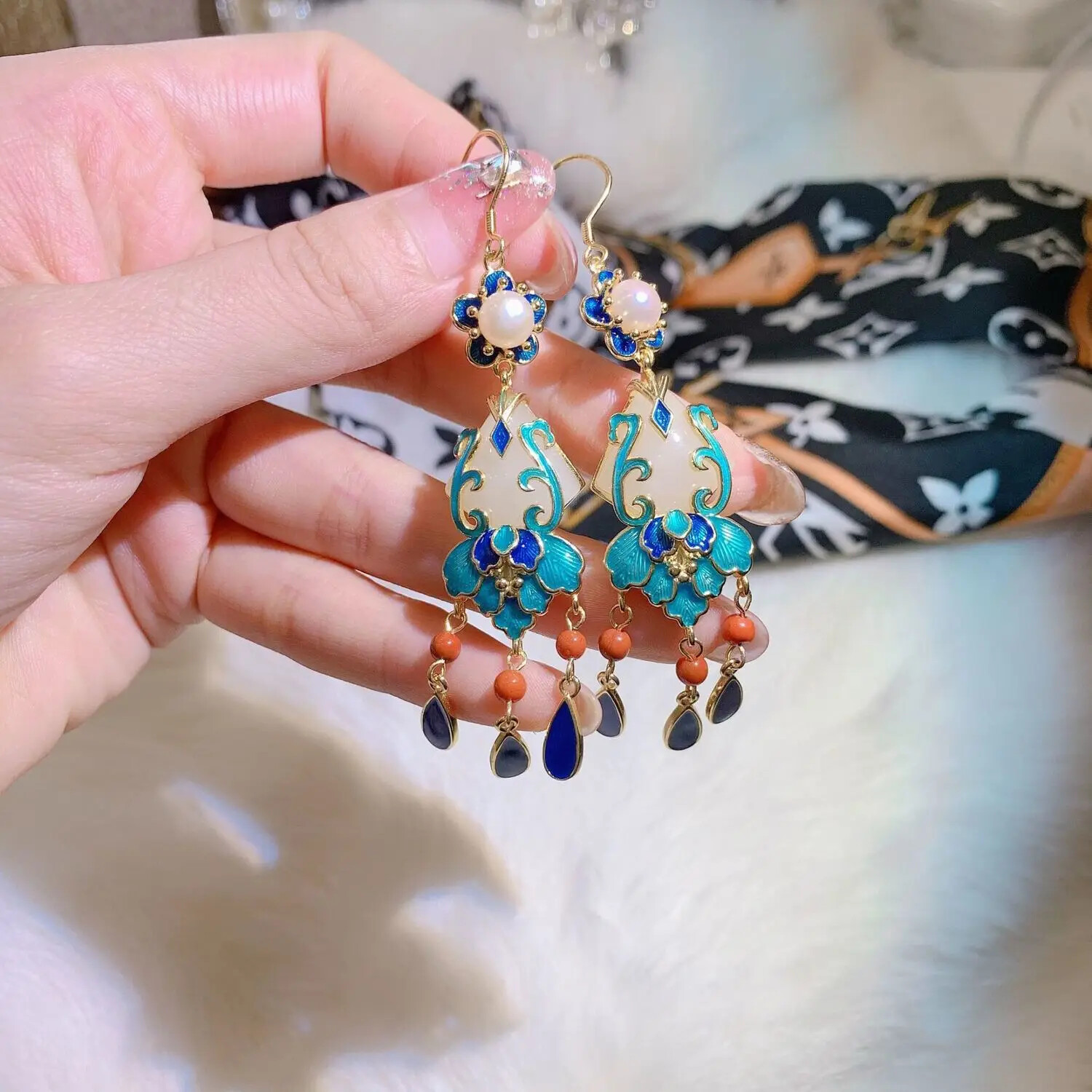 Gold Plated Cloisonne Natural Jade Palace Antiquity Temperament Tassel Earrings