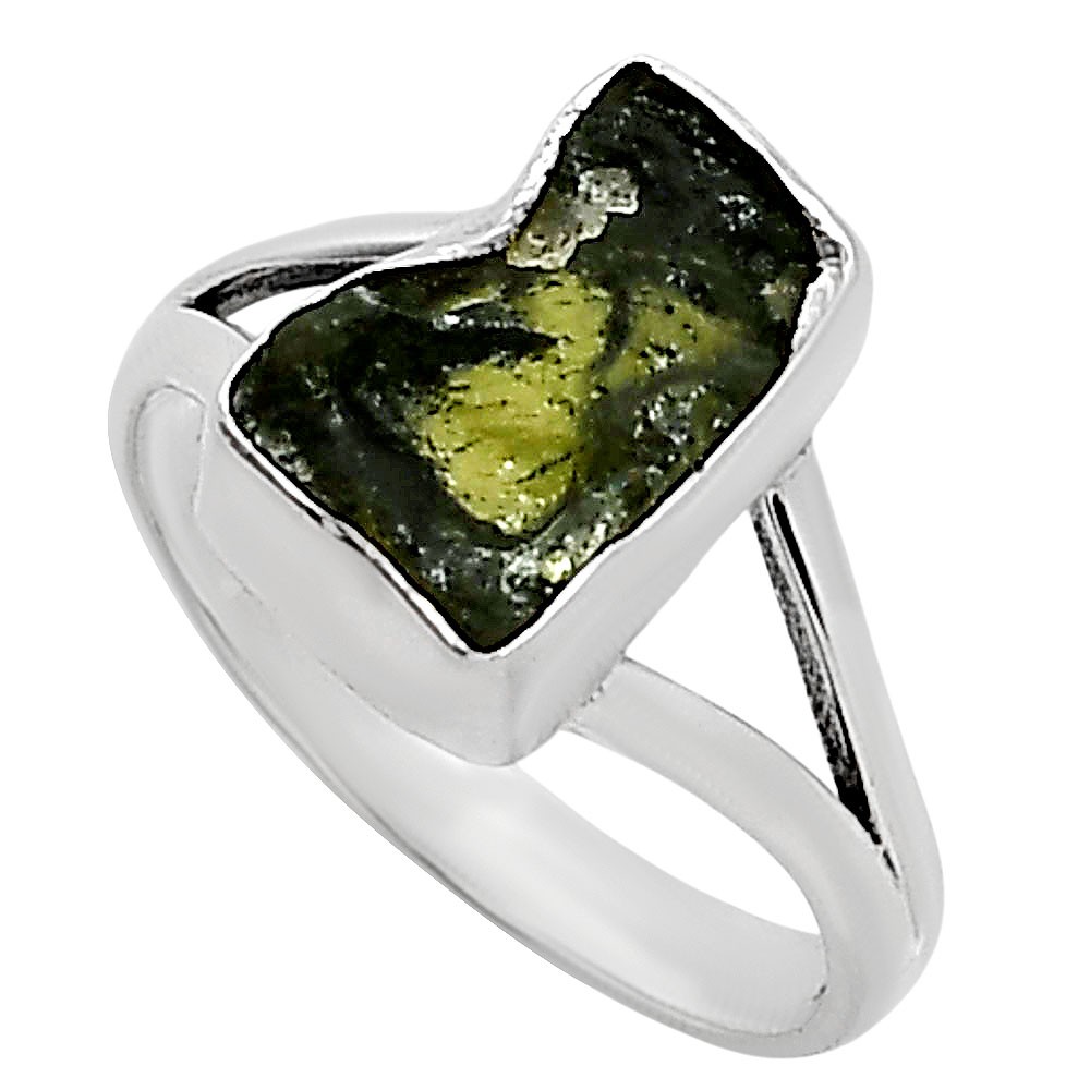 Genuine Czech Moldavite Rough 925 Sterling Silver Ring s.7 Jewelry R-1002