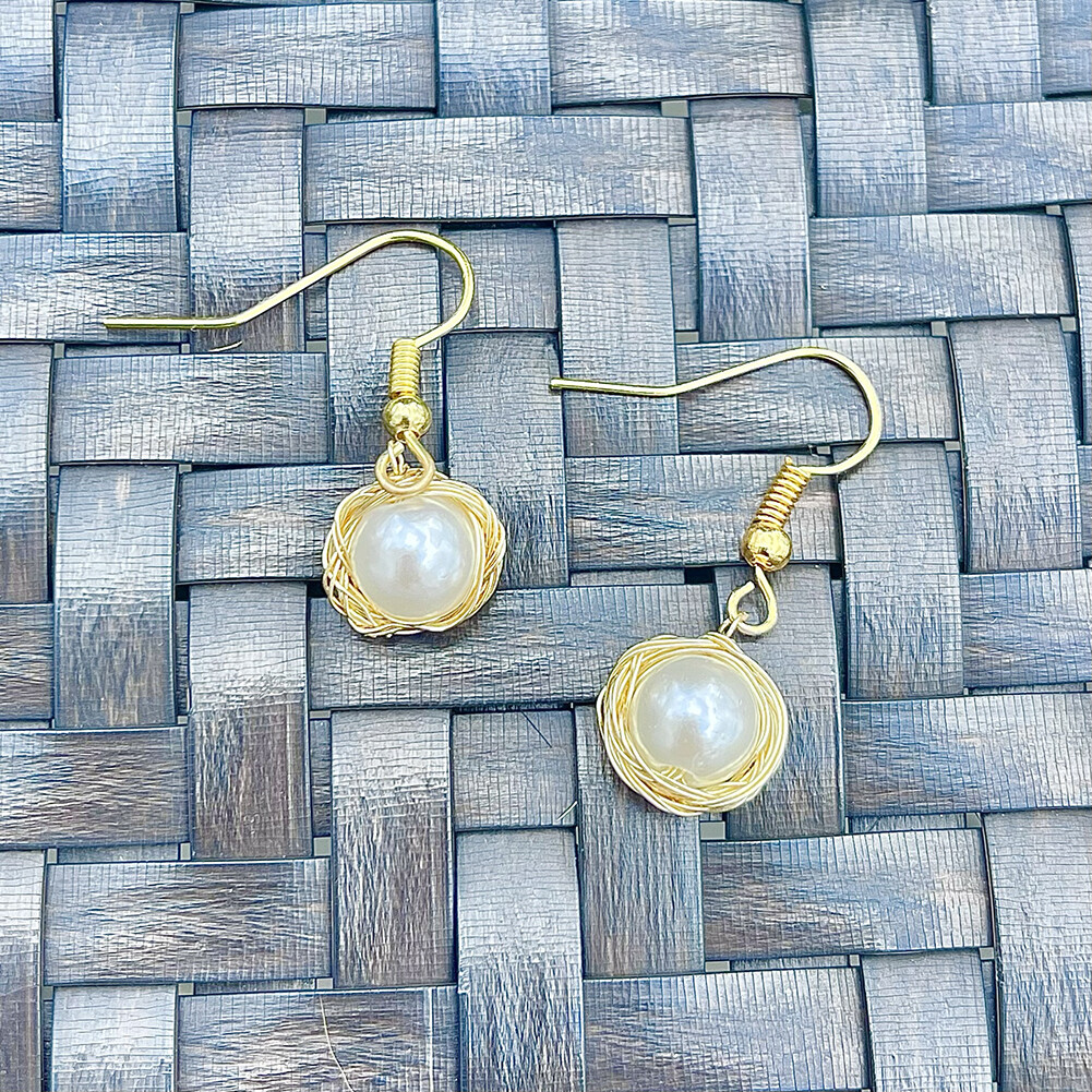 Magik Handmade Bird Nest Design Wiring 8mm Simulated Pearl High Luster Earrings