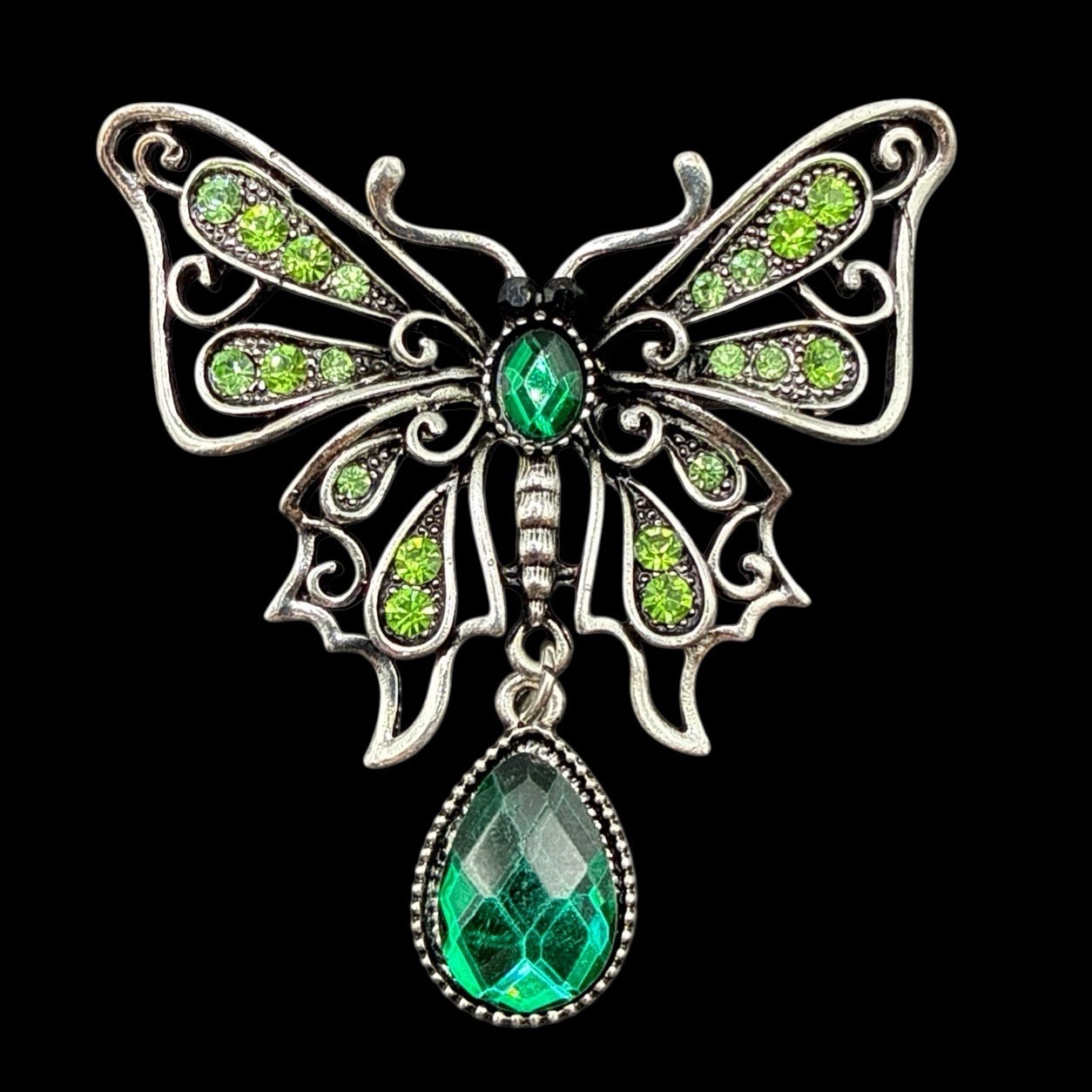Butterfly Brooch Pin Pendant Dangle Green Rhinestone J26