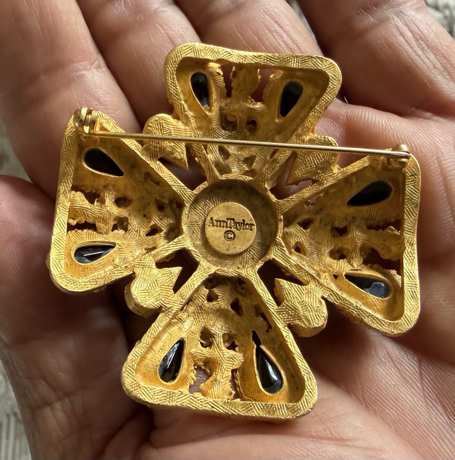 Vintage Ann Taylor Maltese Cross Rhinestone Pearl Brooch Pin Matte Gold Tone
