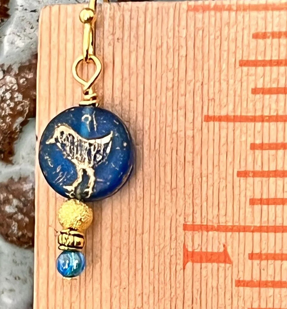 Sweet Etched Gold Heart and Blue Bird Earrings. Love. Nature