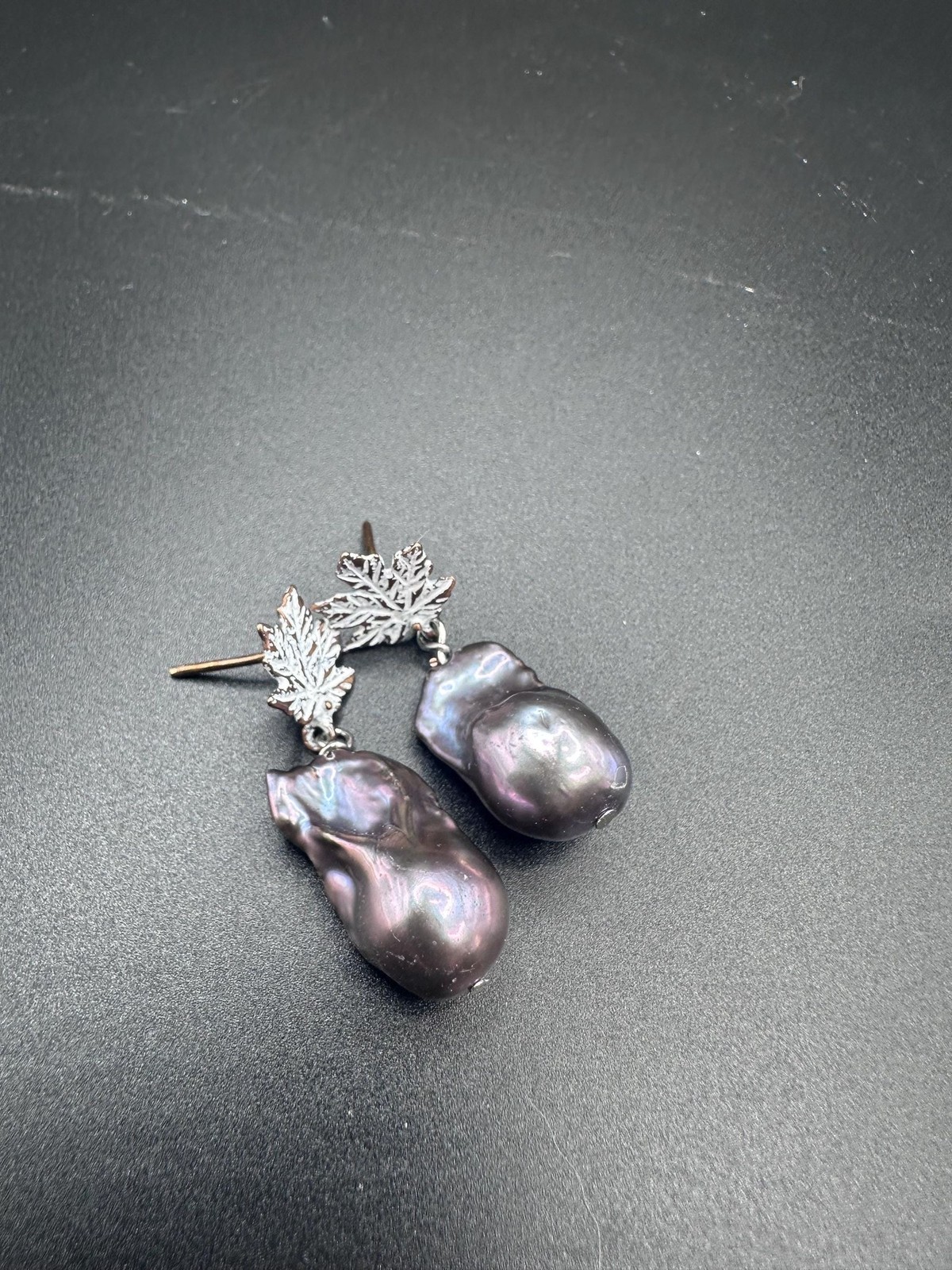 12mm Black Peacock Baroque Pearl Leaf Stud Earrings White Patina Bronze Handmade