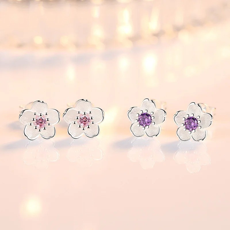 925 Sterling Silver Pink Purple Zircon Flower Stud Earrings Women Elegant