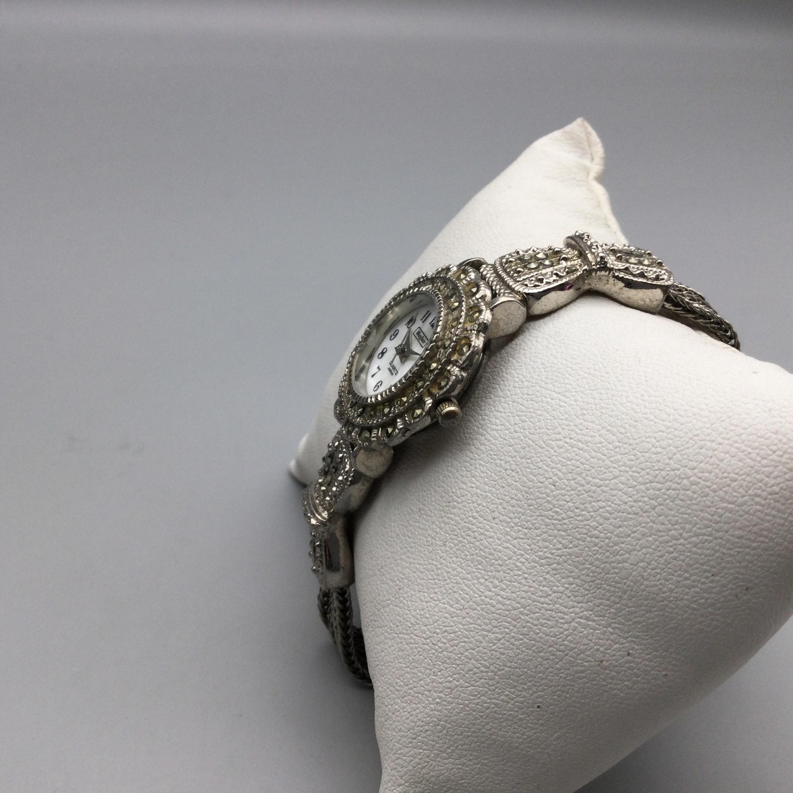 Mayfair Womens Watch 27mm White MOP Dial Silver Tone Marcasite New Battery 7.25″