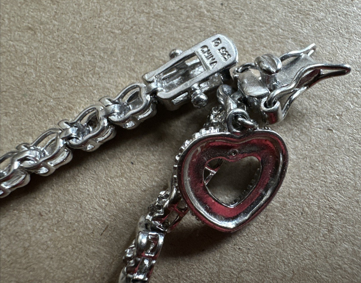 Marked 925 Platinum Over Silver Diamond Accent Tennis Bracelet w/ Heart Charm