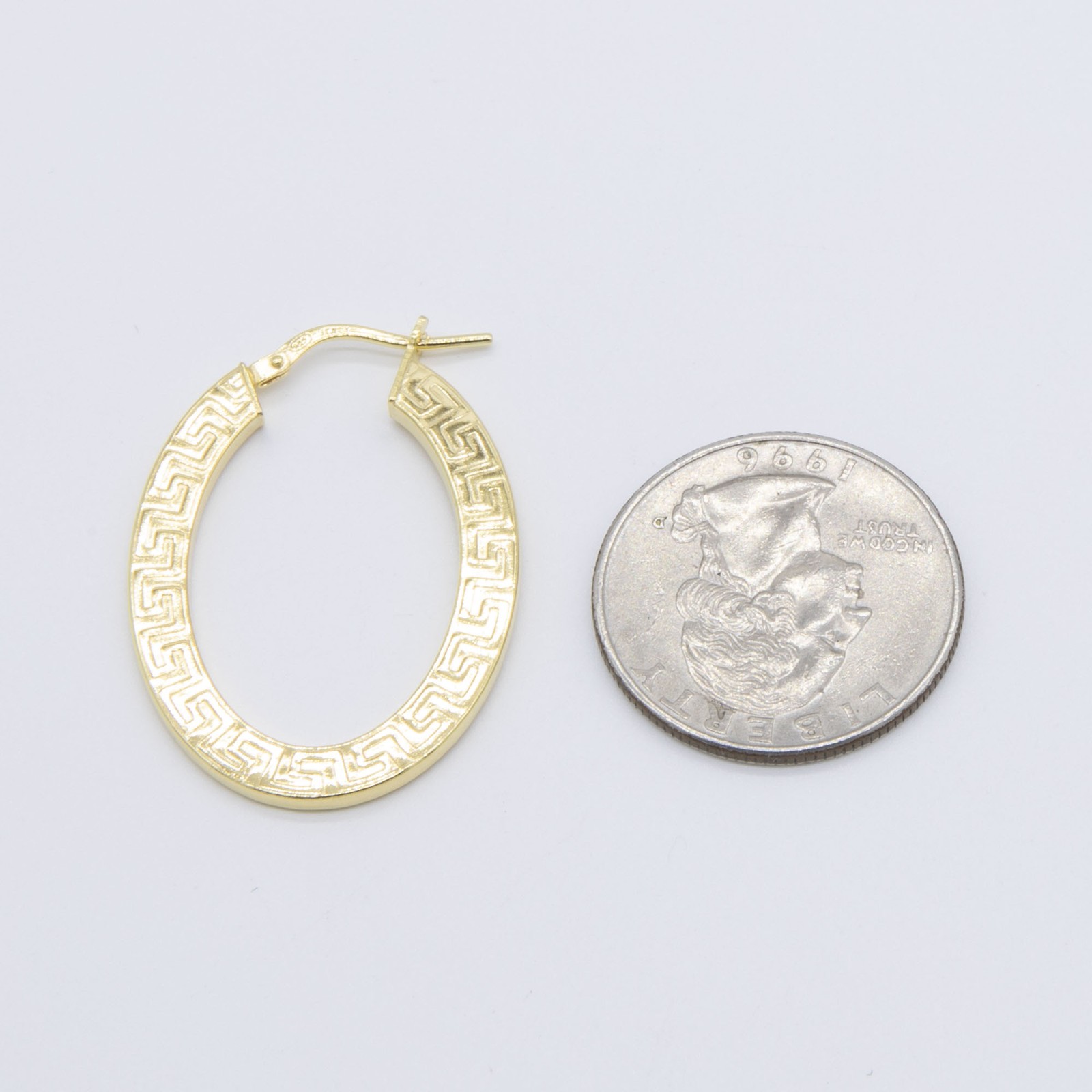 1 3/8″ Oval Greek Key Hoop Earrings 14K Yellow Gold-Plated Silver 925