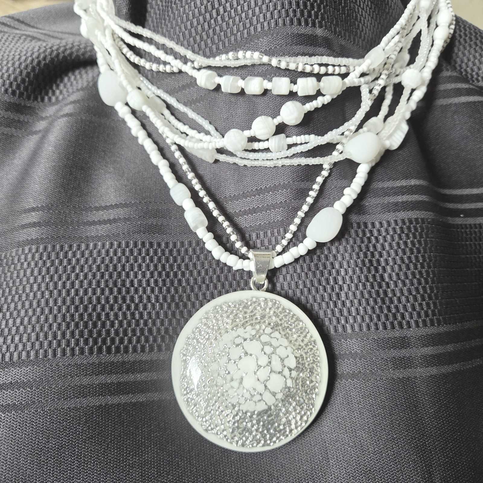 Chico’s Nautilus Pendant Necklace White Multi-Strand Beaded Statement New