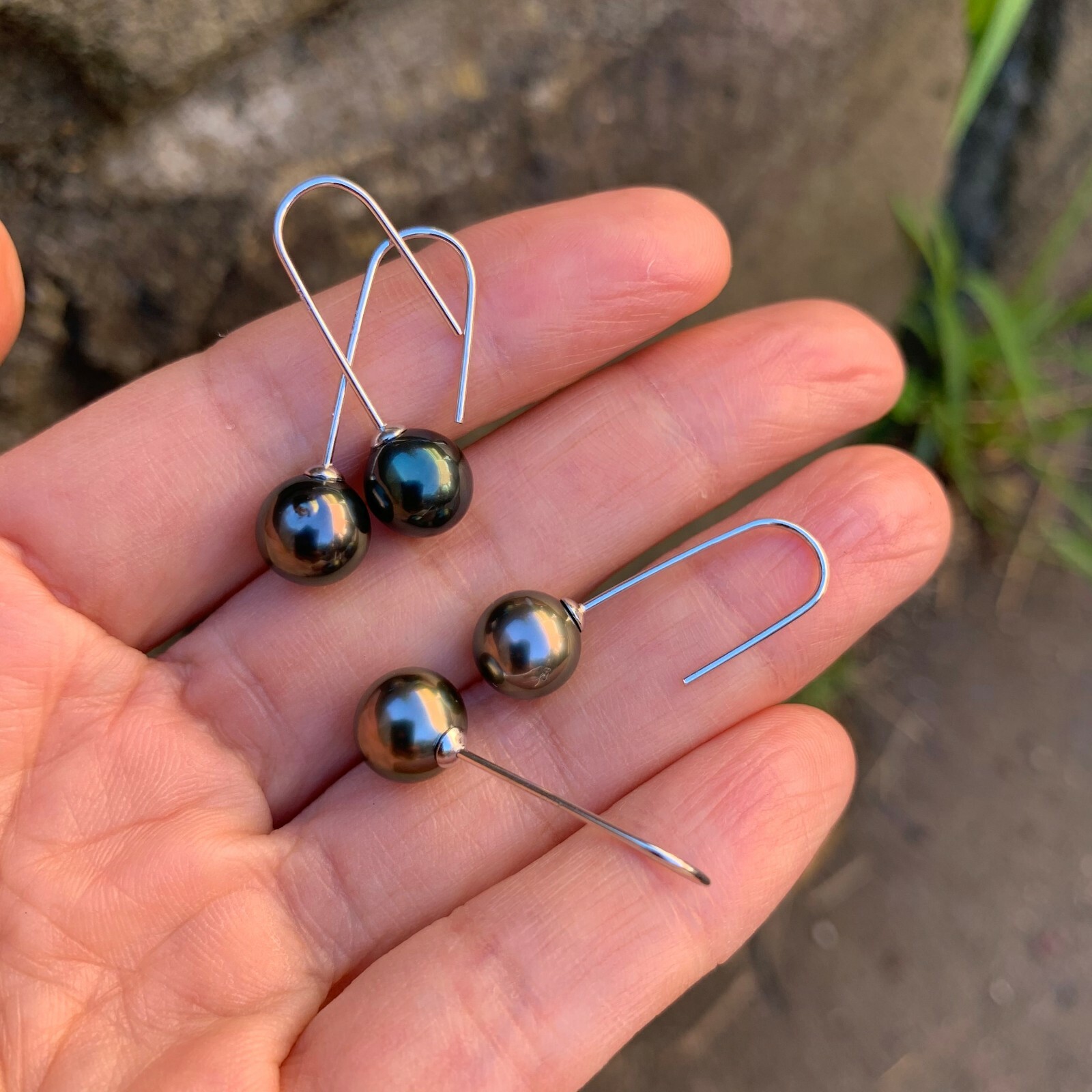 8.5~9mm Peacock Black Tahitian Pearl Sterling Silver Stylish Earring Dangle 28mm