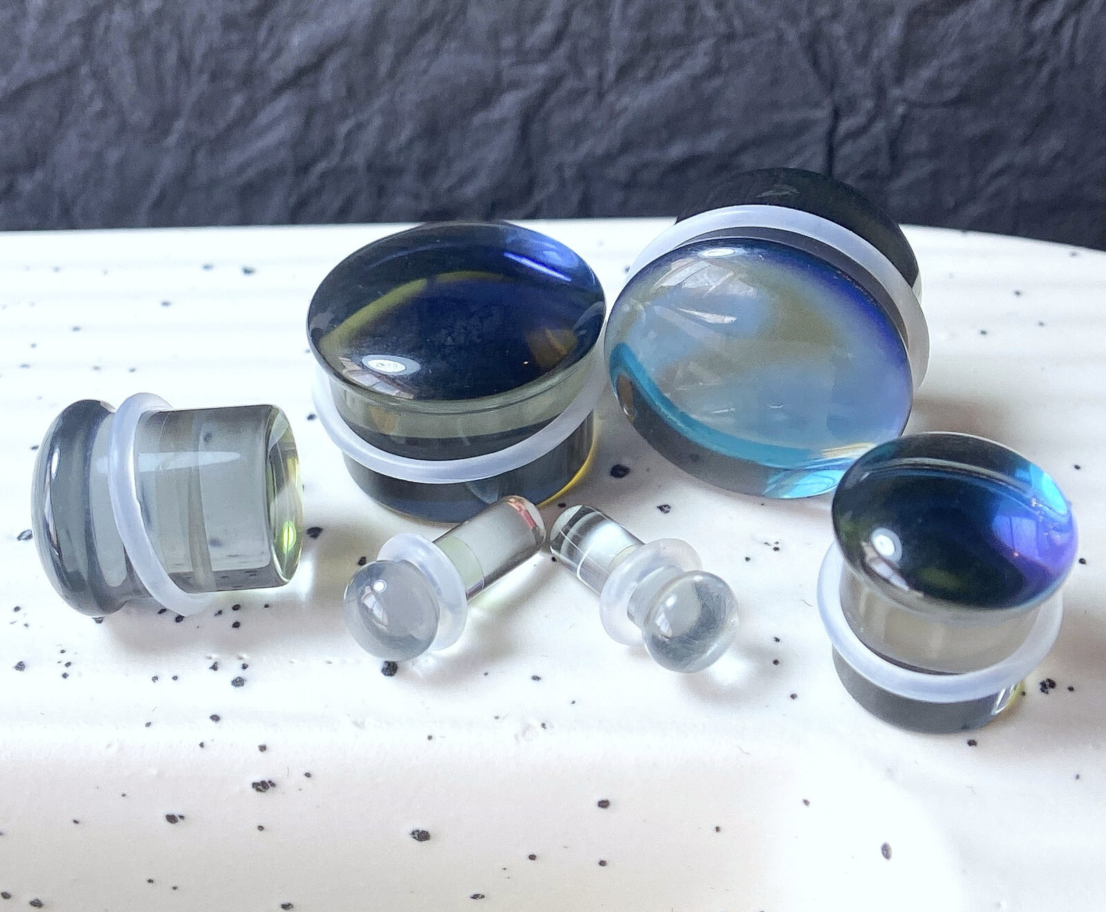 PAIR of Midnight Moonstone Glass Single Flare Plugs Tunnels Gauges Body Jewelry