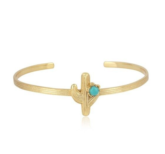 Cactus Gold Plated Open Cuff Bangle Turquoise Texture Women Handmade GiftJewelry