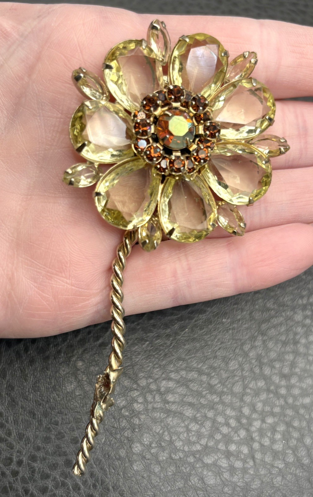 HUGE Aurora Borealis FAUX Citrine Color Rhinestone Flower Brooch MISSING BACK
