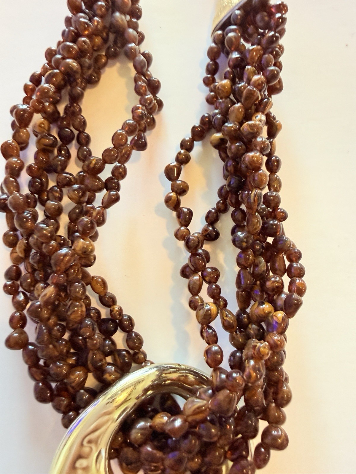 Brown Wood Beaded Multi-Strand Statement Necklace Gold Tone Round Charm Hook