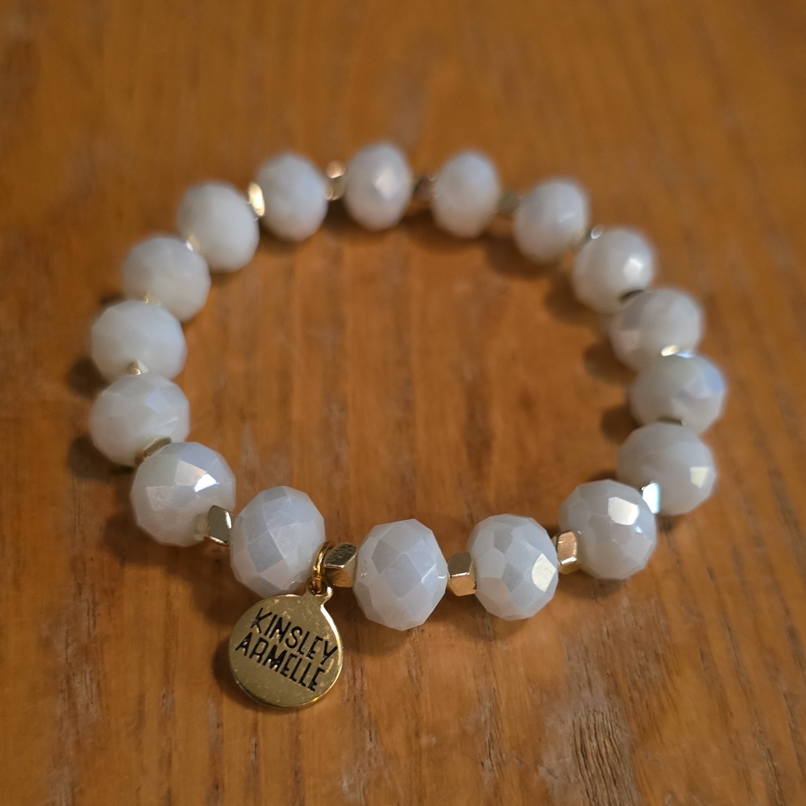Kinsley Armelle White Glass Beaded Stretch Bracelet Dangle Charm Signed Stack