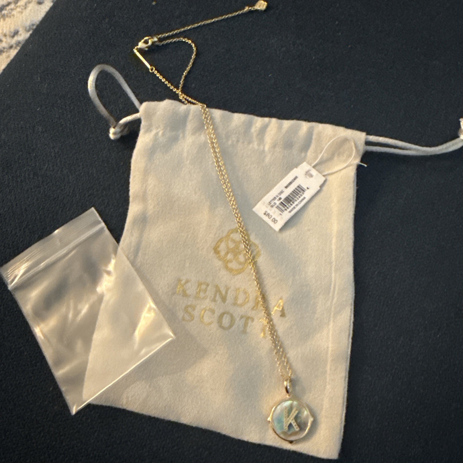 Kendra Scott Crystal Letter K Pendant Gold/shell stone Necklace with KS bag