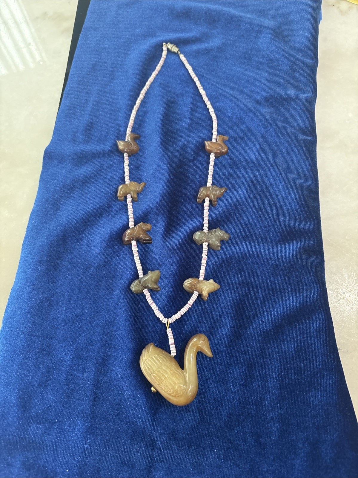 Vintage Chinese Export Carved Stone Zuni Style Necklace. Carved Animals.
