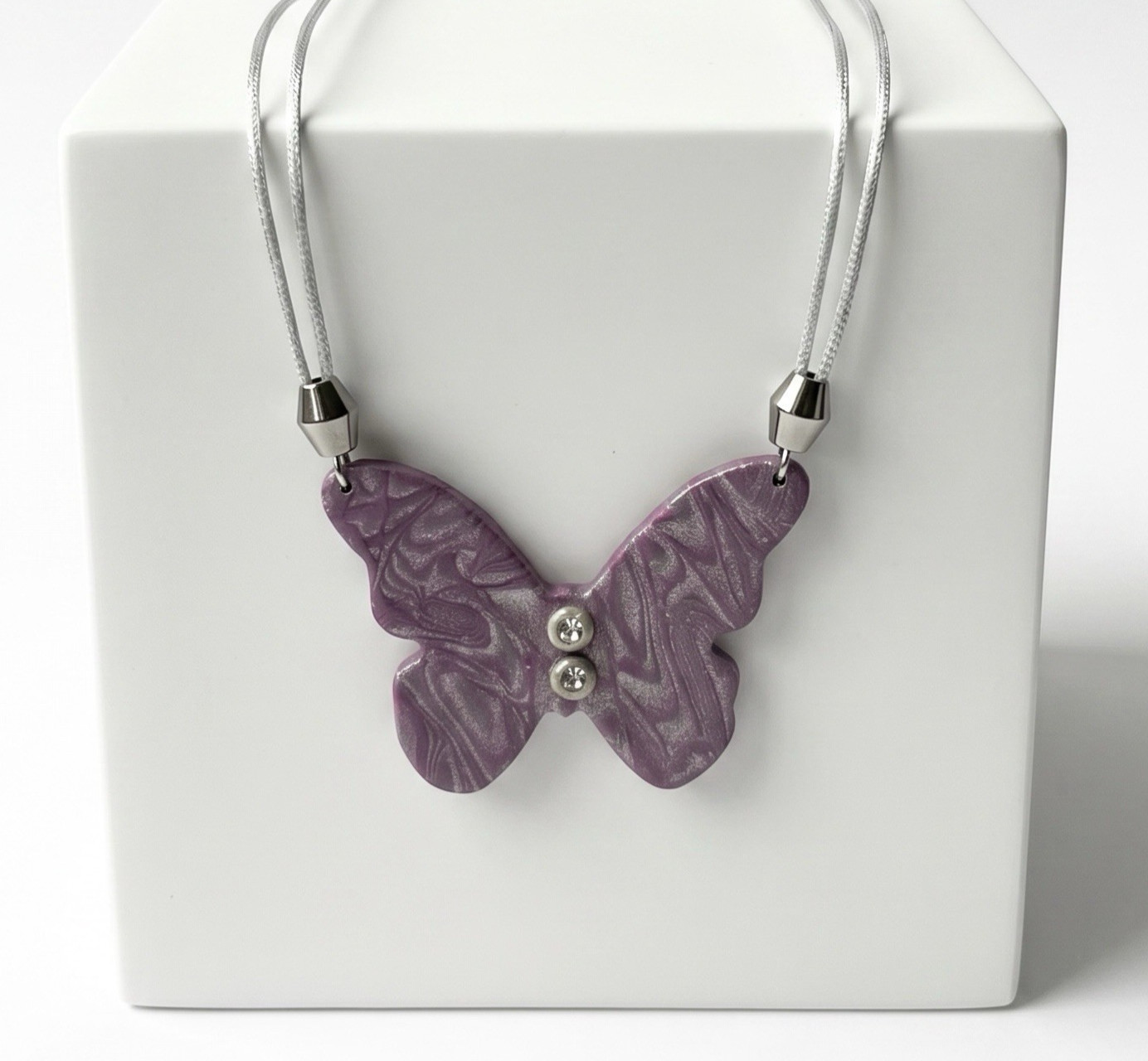 Polymer Clay Pink & Purple Swirl Butterfly Handmade Pendant Necklace Satin Cord