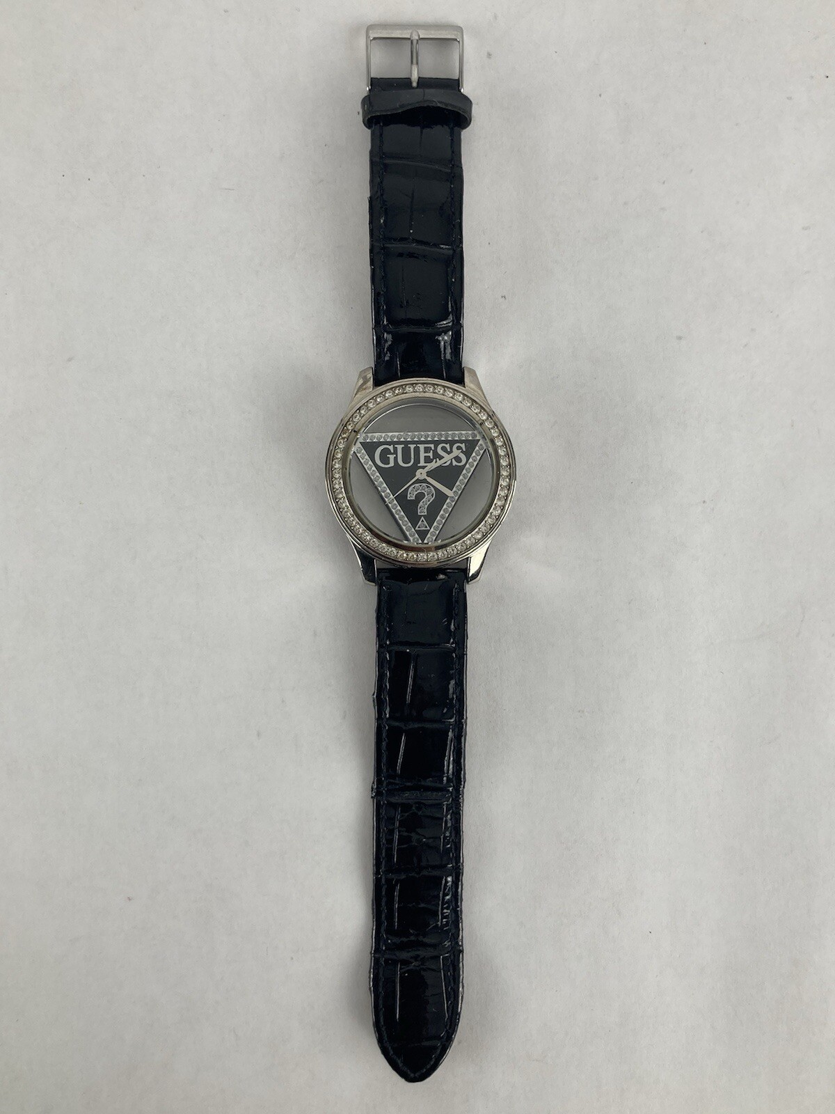 Guess 42mm Silver Semi-Transparent Case Quartz Watch w/Leather Band &New Battery
