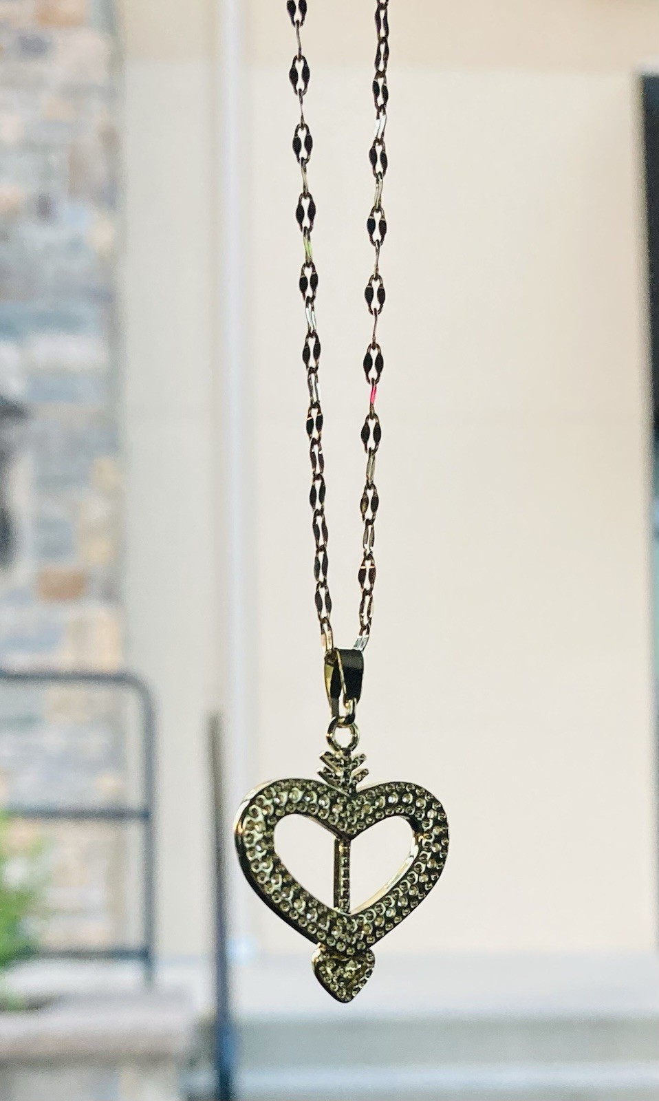 Gold Tone Heart Charm Pendant Necklace Clear CZ Pavé Round Stone Cable Chain