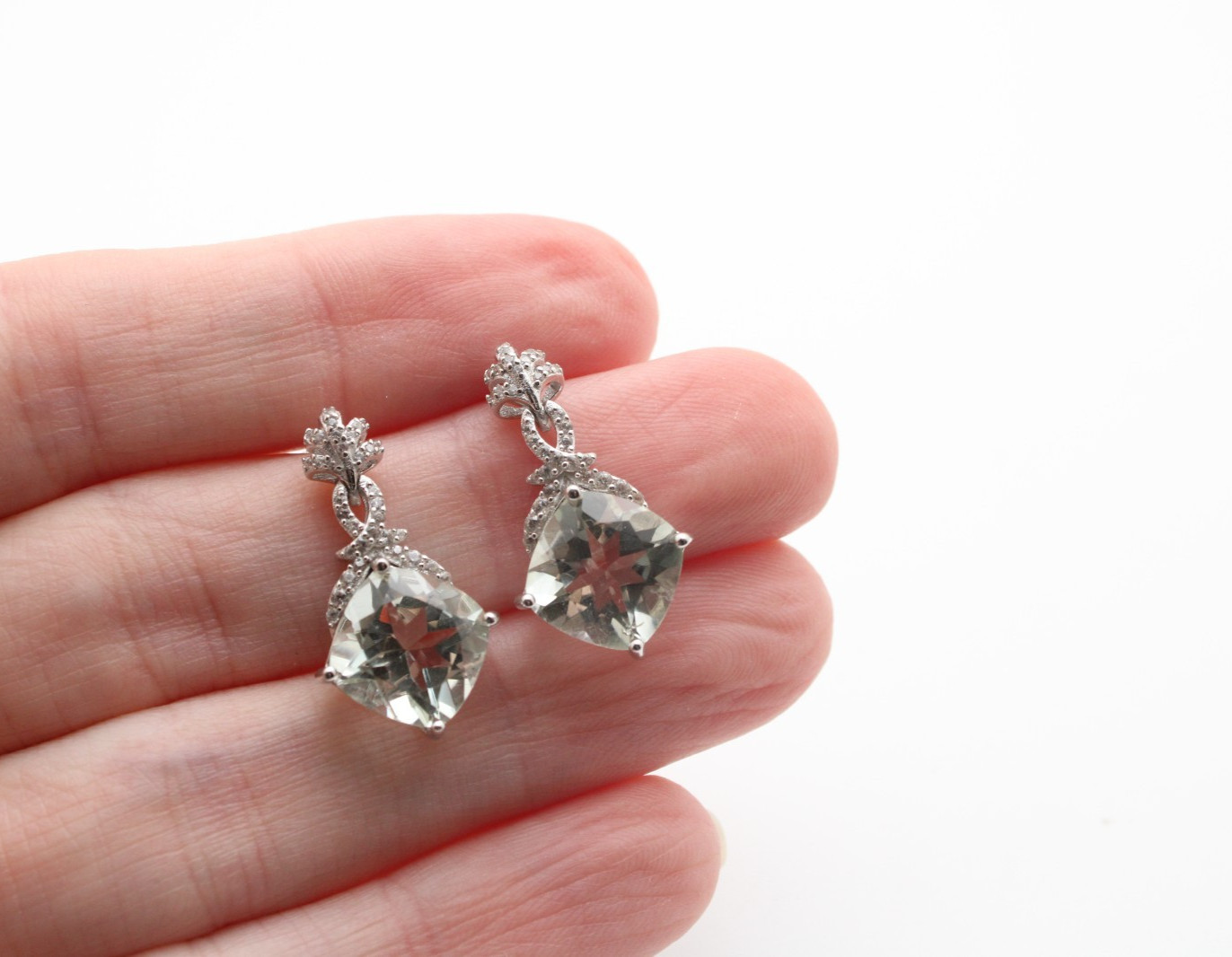 925 Sterling Silver Green Apatite Cushion Burst Clear Stone Fancy Earrings