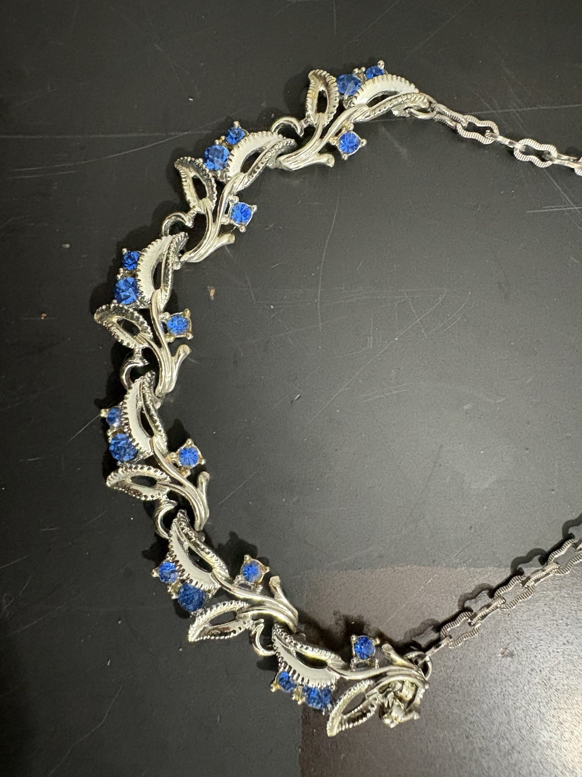 Silver Tone Blue Crystal Rhinestone Cable Chain Necklace w/ Hook Clasp