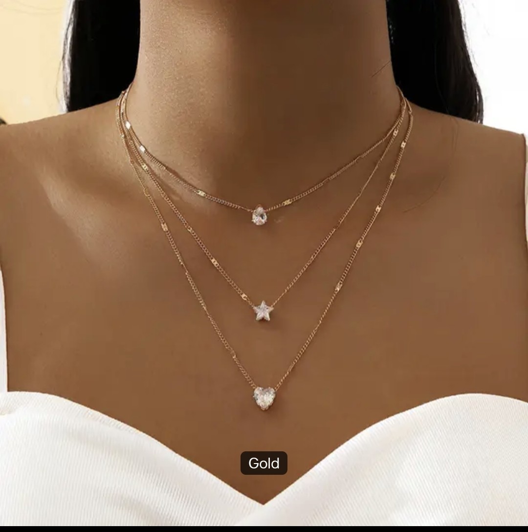 Gold Layered Multi-Chain Cable Necklace Heart & Star Clear Crystal Charms