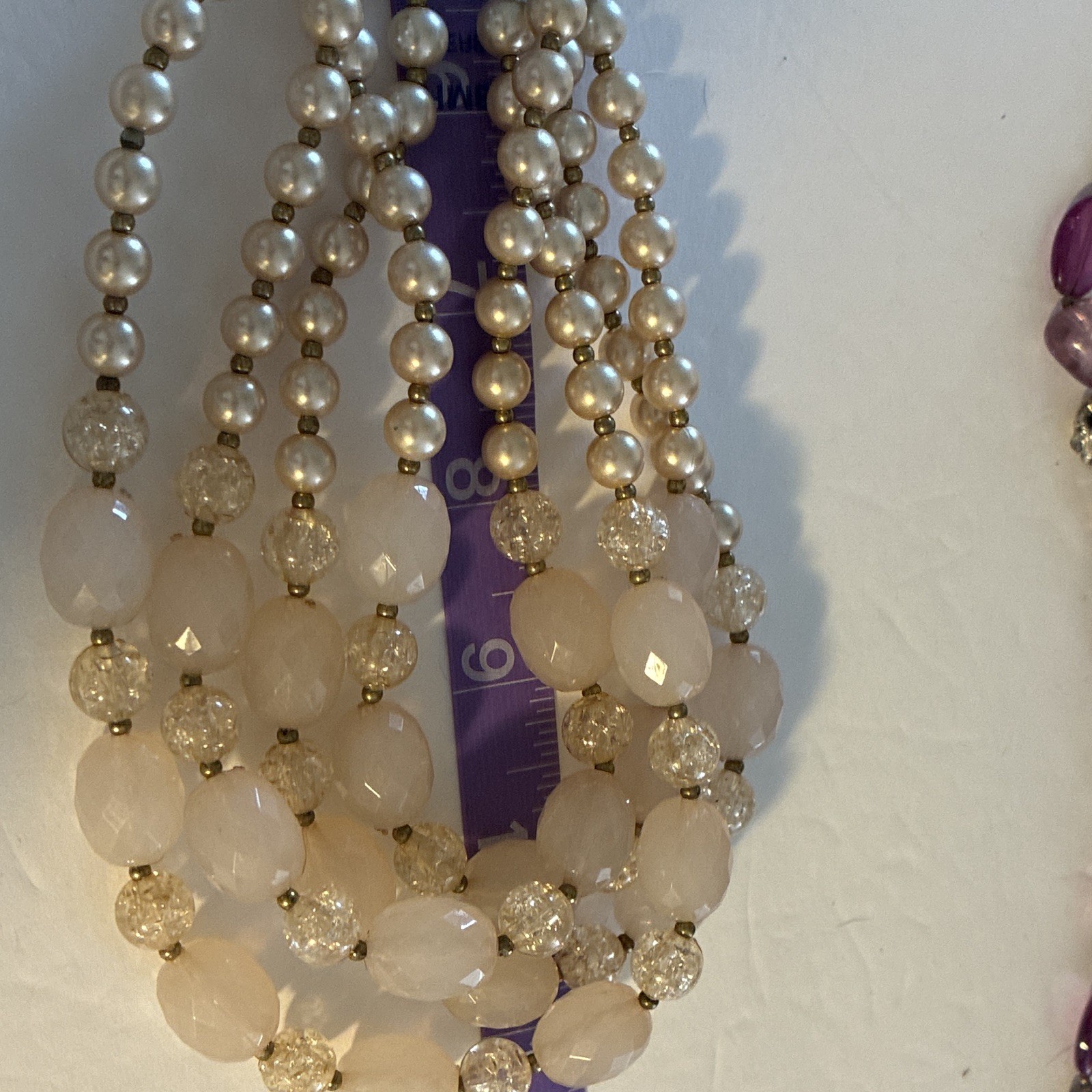 Chunky Multi Strand Statement Necklace Pink Faux Pearl Acrylic Bead Bib Bronze